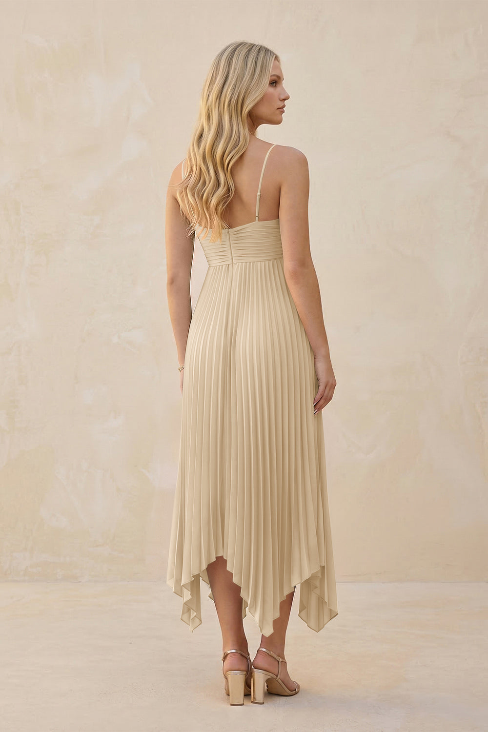 Spaghetti Strap Pleated A-Line Chiffon Midi Bridesmaid Dress in Champagne