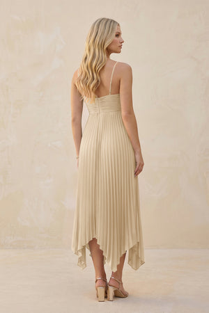 Spaghetti Strap Pleated A-Line Chiffon Midi Bridesmaid Dress in Champagne (2) | KISSBRIDAL