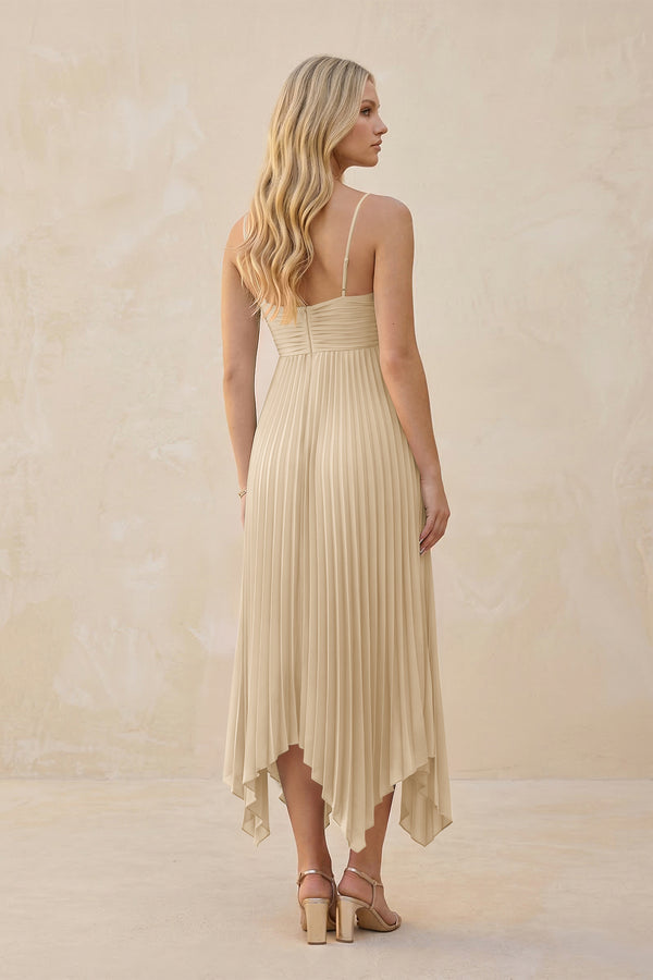 Spaghetti Strap Pleated A-Line Chiffon Midi Bridesmaid Dress in Champagne (2) | KISSBRIDAL