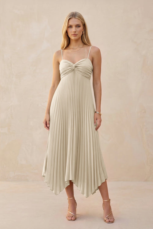 Spaghetti Strap Pleated A - Line Chiffon Midi Bridesmaid Dress in Champagne - KISS BRIDAL Bridesmaid Dresses