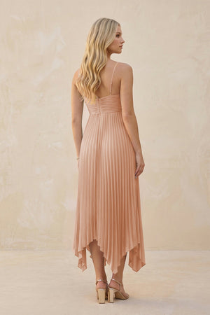 Spaghetti Strap Pleated A - Line Chiffon Midi Bridesmaid Dress in Champagne Rose - KISS BRIDAL Bridesmaid Dresses