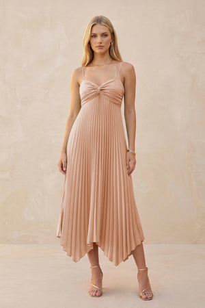 Spaghetti Strap Pleated A - Line Chiffon Midi Bridesmaid Dress in Champagne Rose - KISS BRIDAL Bridesmaid Dresses