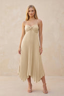 Spaghetti Strap Pleated A-Line Chiffon Midi Bridesmaid Dress in Champagne | KISSBRIDAL