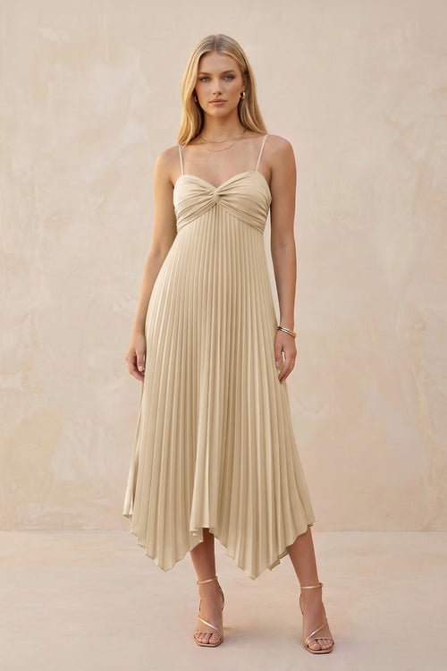 Spaghetti Strap Pleated A-Line Chiffon Midi Bridesmaid Dress in Champagne | KISSBRIDAL