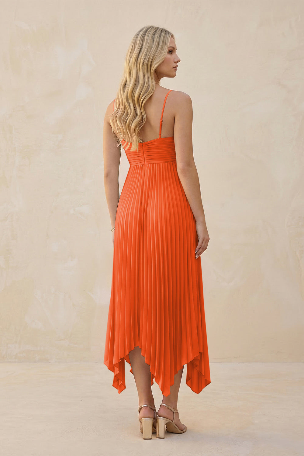 Spaghetti Strap Pleated A-Line Chiffon Midi Bridesmaid Dress in Cinnamon