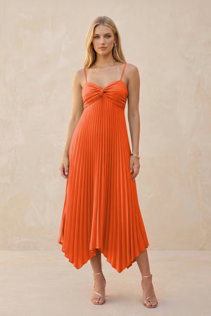 Spaghetti Strap Pleated A-Line Chiffon Midi Bridesmaid Dress in Cinnamon | KISSBRIDAL