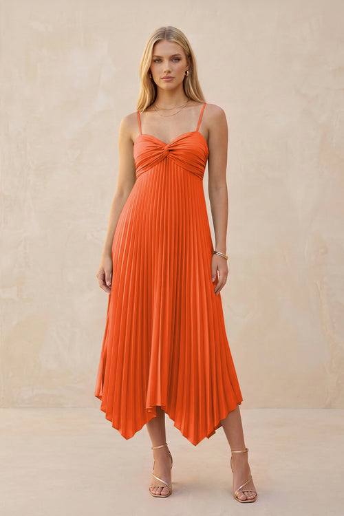 Spaghetti Strap Pleated A-Line Chiffon Midi Bridesmaid Dress in Cinnamon | KISSBRIDAL
