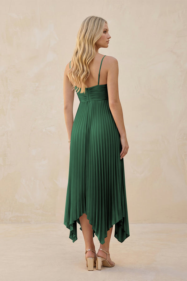 Spaghetti Strap Pleated A-Line Chiffon Midi Bridesmaid Dress in Dark Green (2) | KISSBRIDAL