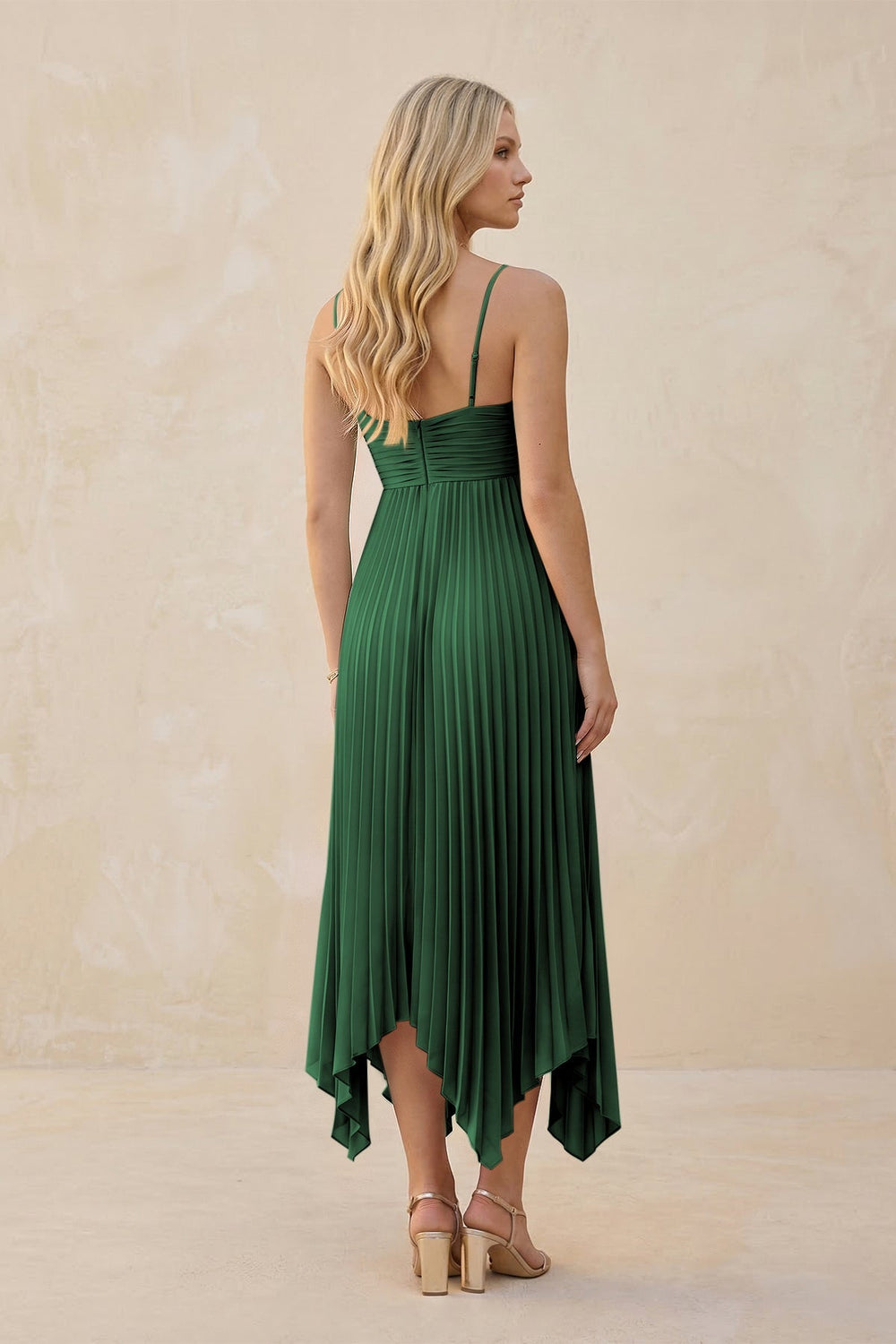 Spaghetti Strap Pleated A - Line Chiffon Midi Bridesmaid Dress in Dark Green - KISS BRIDAL Bridesmaid Dresses