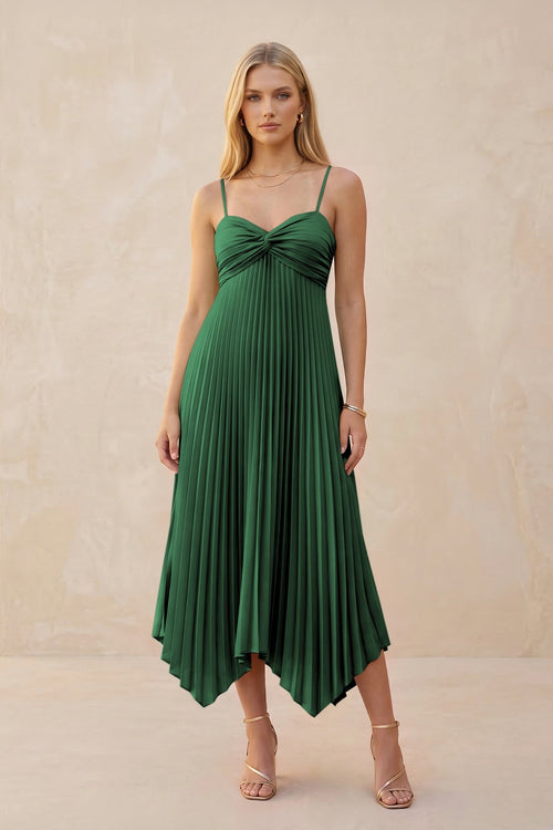 Spaghetti Strap Pleated A - Line Chiffon Midi Bridesmaid Dress in Dark Green - KISS BRIDAL Bridesmaid Dresses