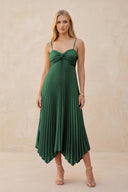 Spaghetti Strap Pleated A-Line Chiffon Midi Bridesmaid Dress in Dark Green | KISSBRIDAL