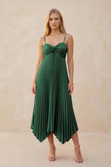 Spaghetti Strap Pleated A-Line Chiffon Midi Bridesmaid Dress in Dark Green | KISSBRIDAL