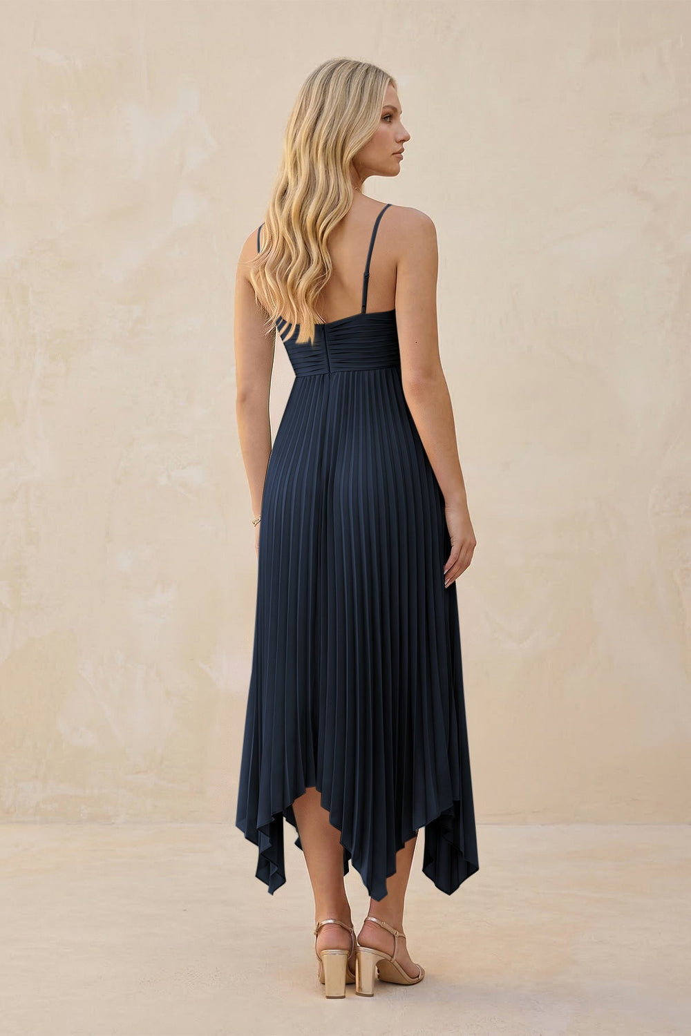 Spaghetti Strap Pleated A - Line Chiffon Midi Bridesmaid Dress in Dark Navy - KISS BRIDAL Bridesmaid Dresses