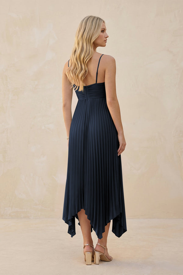 Spaghetti Strap Pleated A - Line Chiffon Midi Bridesmaid Dress in Dark Navy - KISS BRIDAL Bridesmaid Dresses