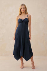 Spaghetti Strap Pleated A - Line Chiffon Midi Bridesmaid Dress in Dark Navy - KISS BRIDAL Bridesmaid Dresses