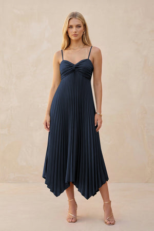 Spaghetti Strap Pleated A - Line Chiffon Midi Bridesmaid Dress in Dark Navy - KISS BRIDAL Bridesmaid Dresses