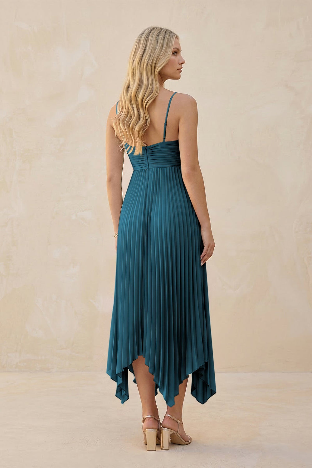 Spaghetti Strap Pleated A - Line Chiffon Midi Bridesmaid Dress in Dark Teal - KISS BRIDAL Bridesmaid Dresses