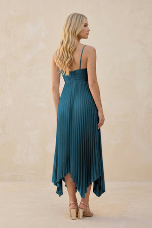 Spaghetti Strap Pleated A - Line Chiffon Midi Bridesmaid Dress in Dark Teal - KISS BRIDAL Bridesmaid Dresses
