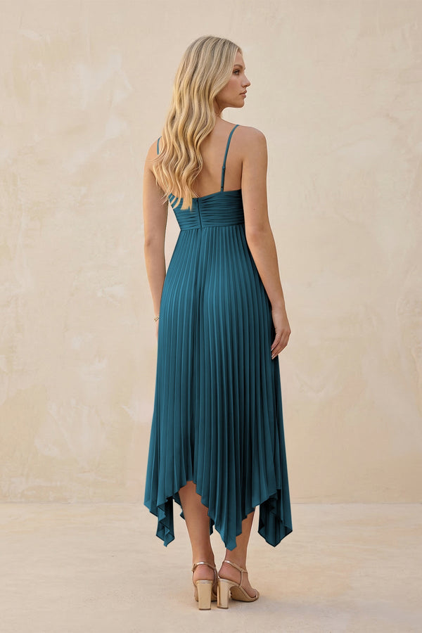 Spaghetti Strap Pleated A - Line Chiffon Midi Bridesmaid Dress in Dark Teal - KISS BRIDAL Bridesmaid Dresses