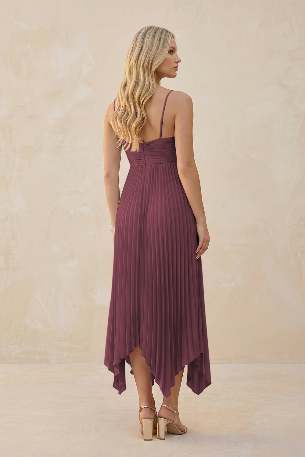 Spaghetti Strap Pleated A-Line Chiffon Midi Bridesmaid Dress in Desert Rose