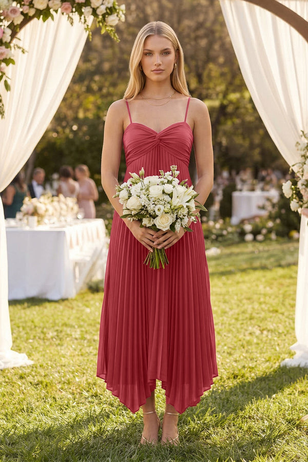 Spaghetti Strap Pleated A - Line Chiffon Midi Bridesmaid Dress in Desert Rose - SHE IS ME Bridesmaid Dresses