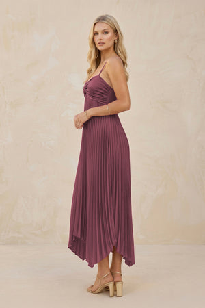 Spaghetti Strap Pleated A-Line Chiffon Midi Bridesmaid Dress in Desert Rose (3) | KISSBRIDAL