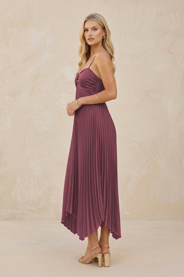 Spaghetti Strap Pleated A-Line Chiffon Midi Bridesmaid Dress in Desert Rose (3) | KISSBRIDAL