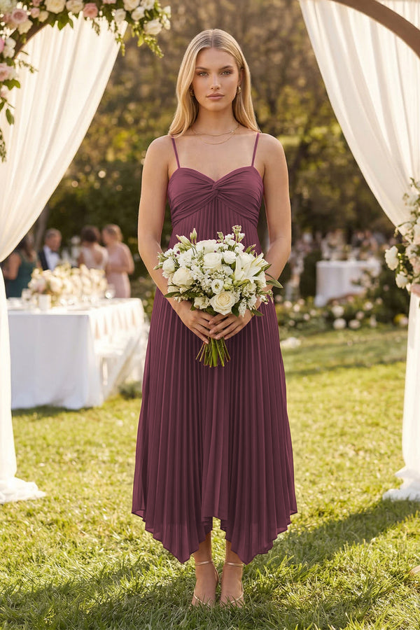 Spaghetti Strap Pleated A-Line Chiffon Midi Bridesmaid Dress in Desert Rose (4) | KISSBRIDAL