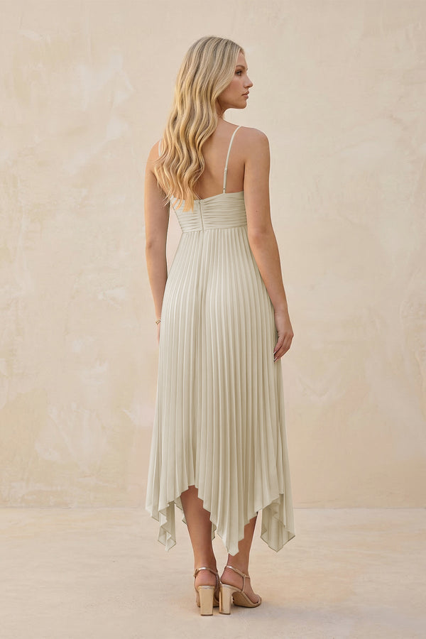 Spaghetti Strap Pleated A - Line Chiffon Midi Bridesmaid Dress in Dove Gray - KISS BRIDAL Bridesmaid Dresses