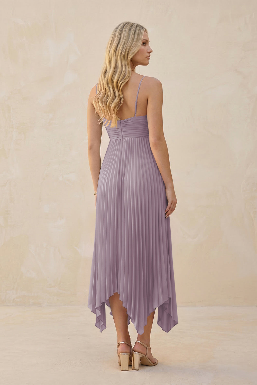 Spaghetti Strap Pleated A-Line Chiffon Midi Bridesmaid Dress in Dusk