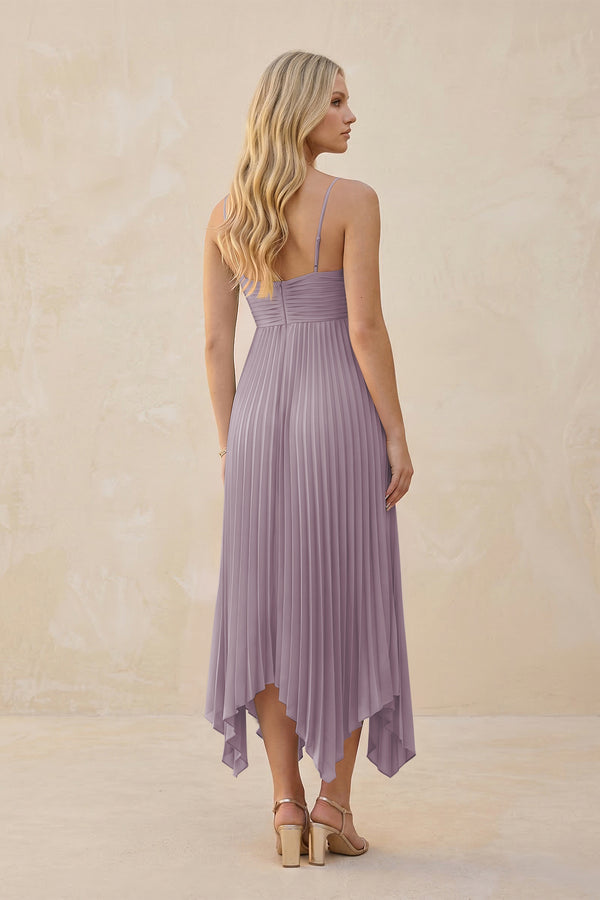 Spaghetti Strap Pleated A-Line Chiffon Midi Bridesmaid Dress in Dusk (2) | KISSBRIDAL