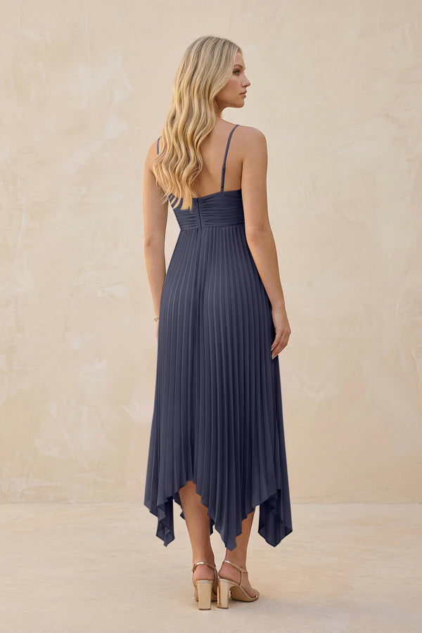 Spaghetti Strap Pleated A - Line Chiffon Midi Bridesmaid Dress in Dusk Blue - KISS BRIDAL Bridesmaid Dresses