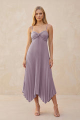 Spaghetti Strap Pleated A-Line Chiffon Midi Bridesmaid Dress in Dusk | KISSBRIDAL