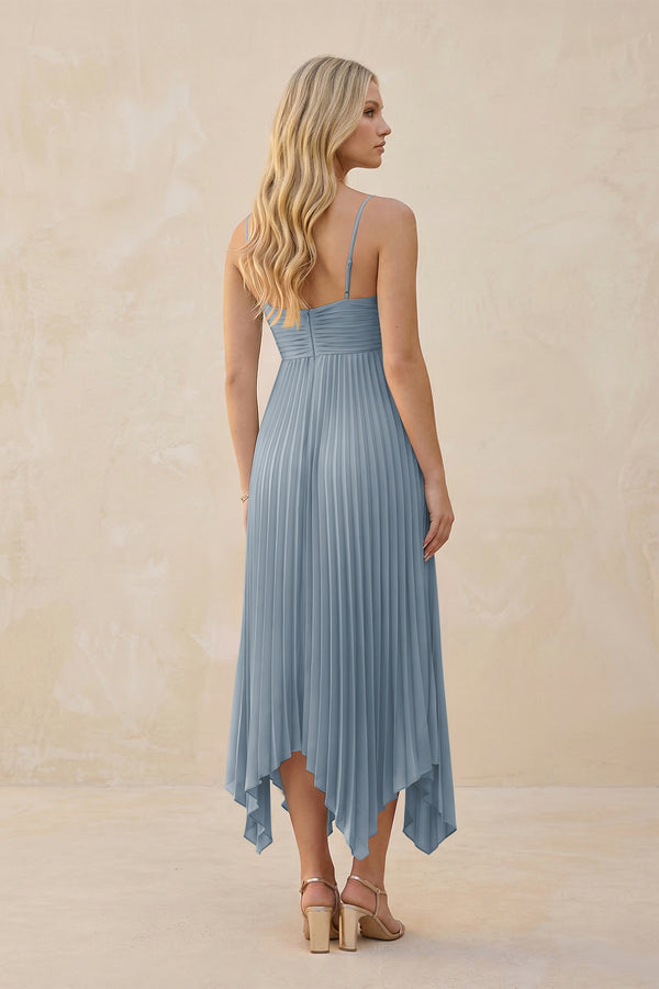 Spaghetti Strap Pleated A-Line Chiffon Midi Bridesmaid Dress in Dusty Blue (2) | KISSBRIDAL