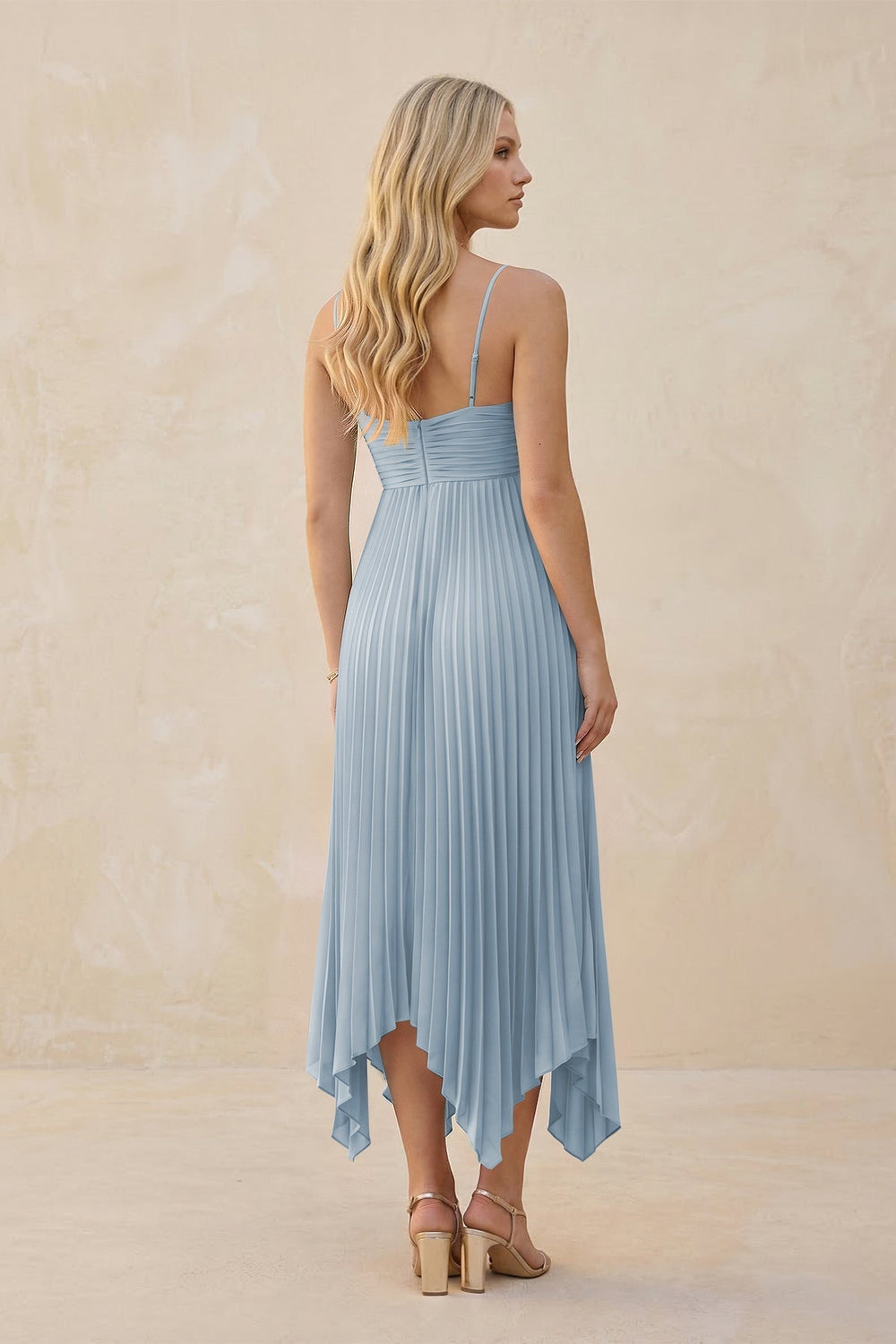 Spaghetti Strap Pleated A - Line Chiffon Midi Bridesmaid Dress in Dusty Blue - KISS BRIDAL Bridesmaid Dresses