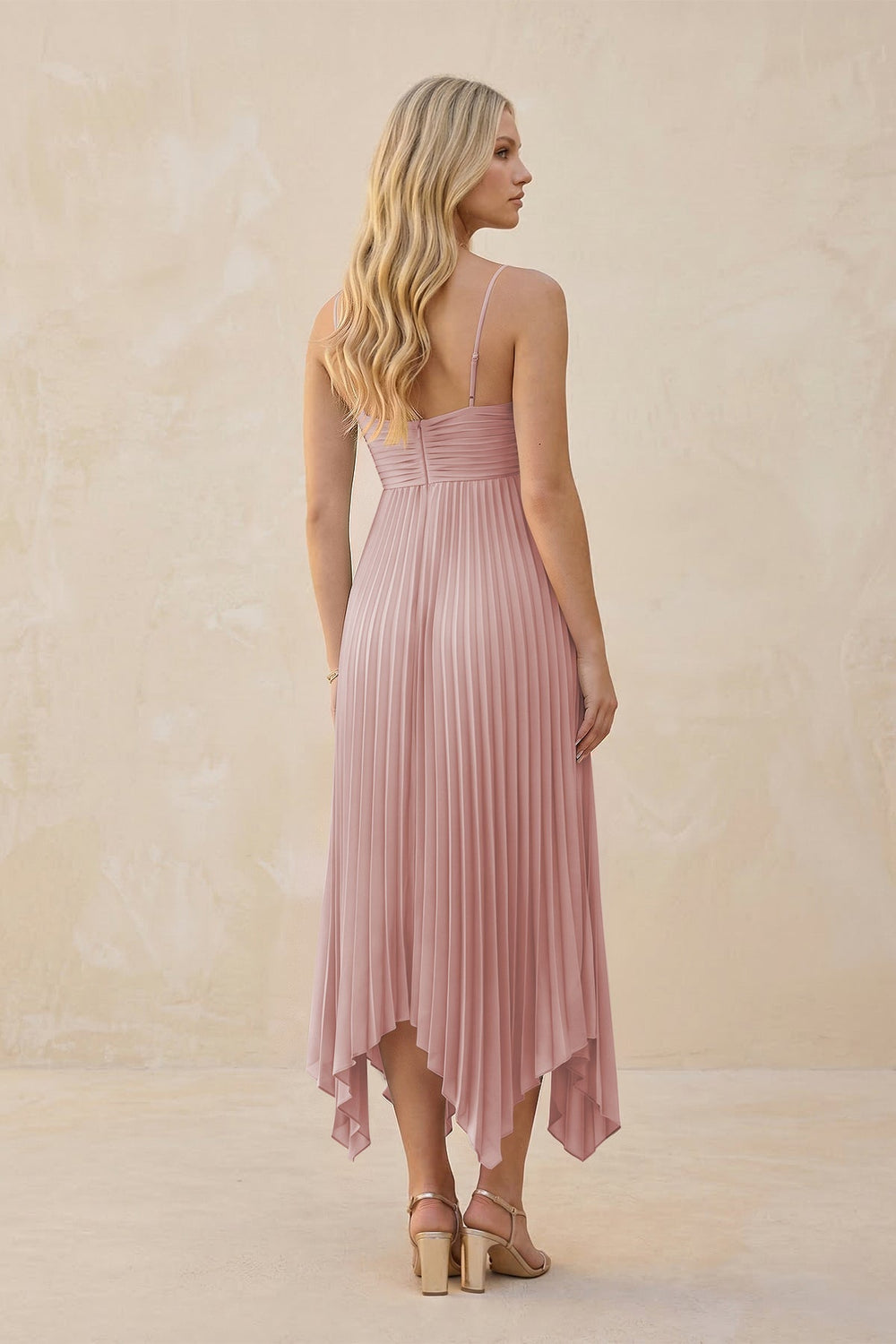 Spaghetti Strap Pleated A - Line Chiffon Midi Bridesmaid Dress in Dusty Rose - KISS BRIDAL Bridesmaid Dresses