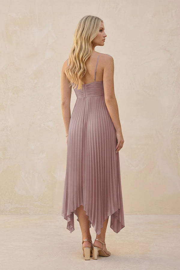 Spaghetti Strap Pleated A-Line Chiffon Midi Bridesmaid Dress in Dusty Rose (2) | KISSBRIDAL