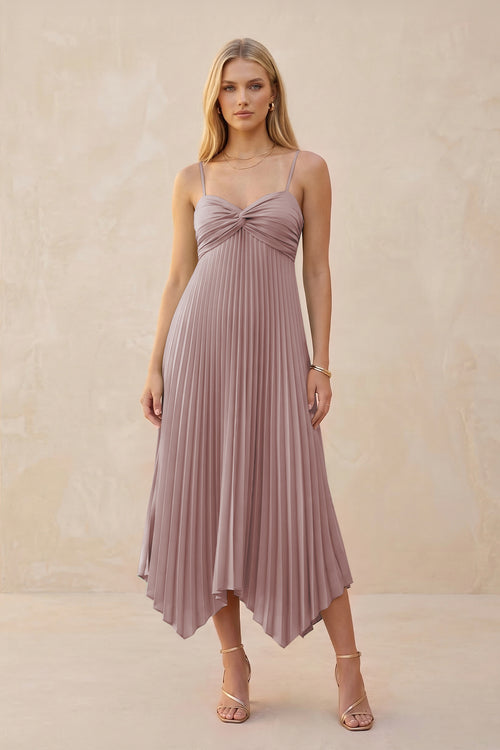 Spaghetti Strap Pleated A-Line Chiffon Midi Bridesmaid Dress in Dusty Rose | KISSBRIDAL