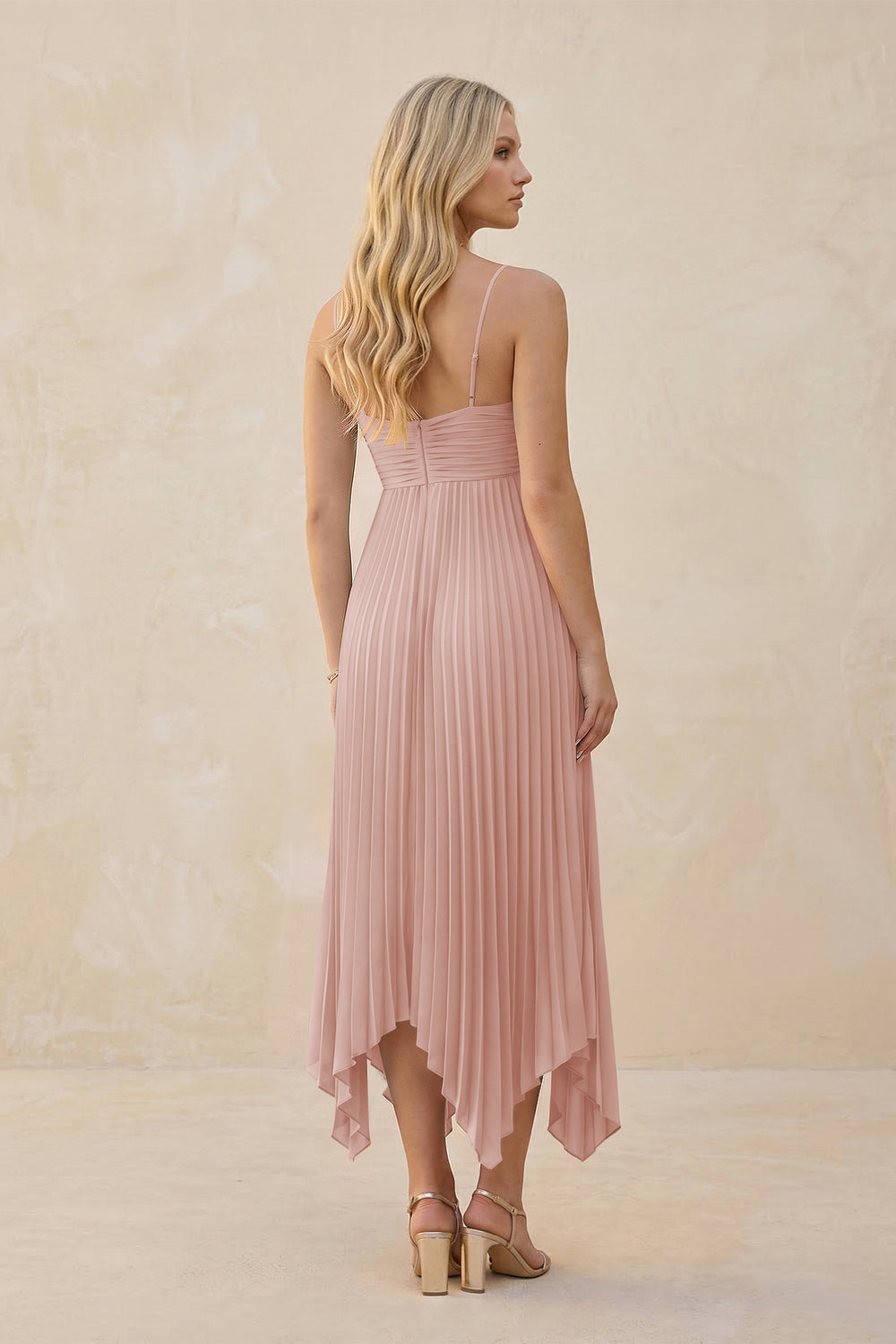 Spaghetti Strap Pleated A-Line Chiffon Midi Bridesmaid Dress in English Rose
