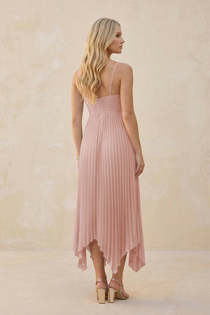 Spaghetti Strap Pleated A-Line Chiffon Midi Bridesmaid Dress in English Rose (2) | KISSBRIDAL