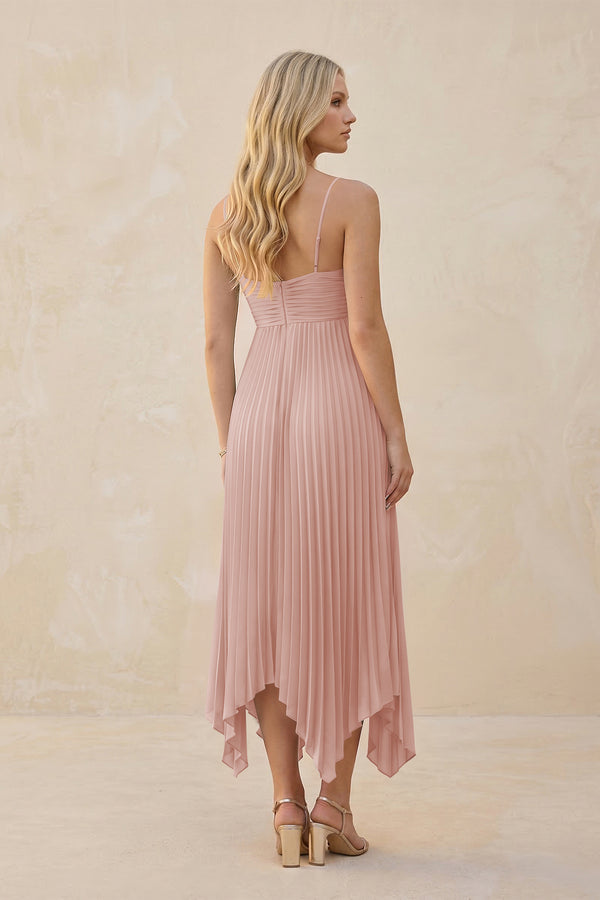 Spaghetti Strap Pleated A-Line Chiffon Midi Bridesmaid Dress in English Rose (2) | KISSBRIDAL