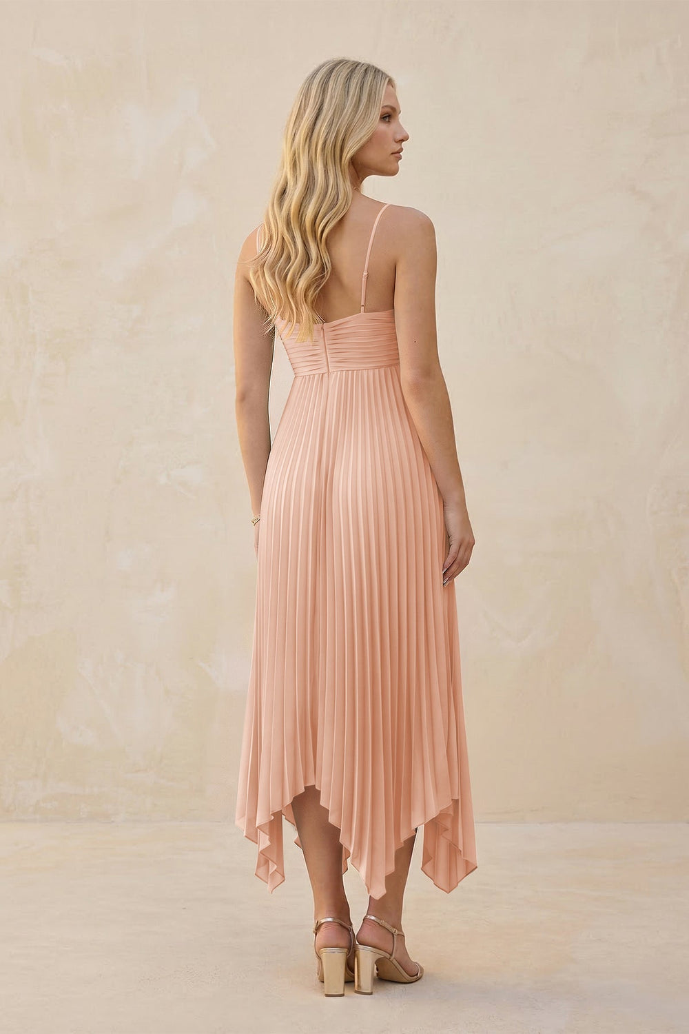 Spaghetti Strap Pleated A - Line Chiffon Midi Bridesmaid Dress in English Rose - KISS BRIDAL Bridesmaid Dresses