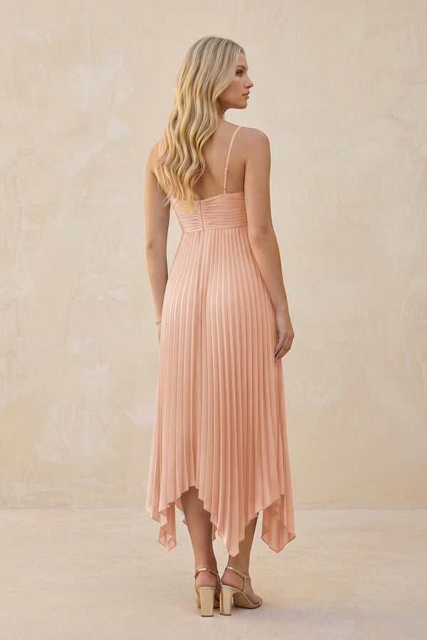 Spaghetti Strap Pleated A - Line Chiffon Midi Bridesmaid Dress in English Rose - KISS BRIDAL Bridesmaid Dresses