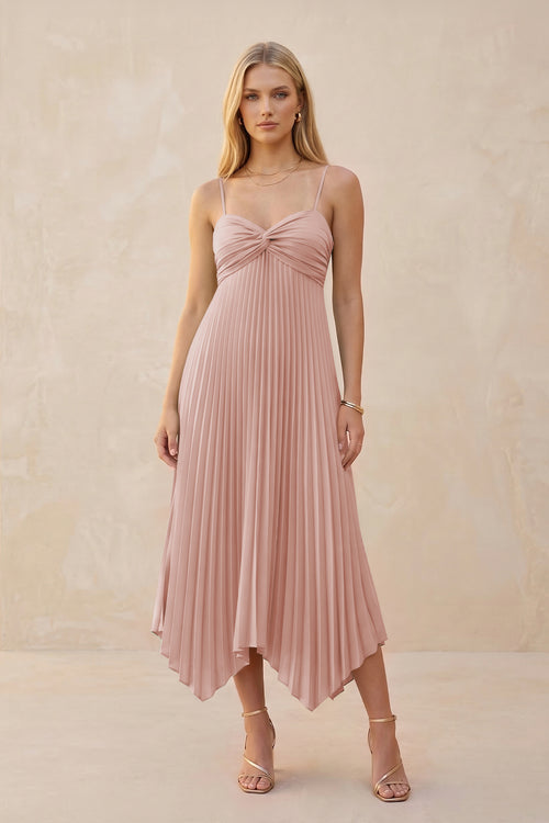 Spaghetti Strap Pleated A-Line Chiffon Midi Bridesmaid Dress in English Rose | KISSBRIDAL