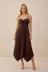 Spaghetti Strap Pleated A - Line Chiffon Midi Bridesmaid Dress in Espresso - KISS BRIDAL Bridesmaid Dresses