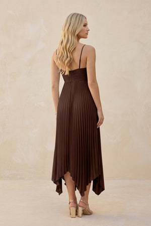 Spaghetti Strap Pleated A - Line Chiffon Midi Bridesmaid Dress in Espresso - KISS BRIDAL Bridesmaid Dresses