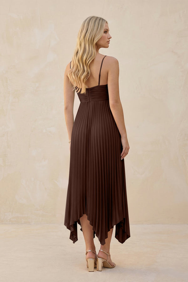 Spaghetti Strap Pleated A - Line Chiffon Midi Bridesmaid Dress in Espresso - KISS BRIDAL Bridesmaid Dresses