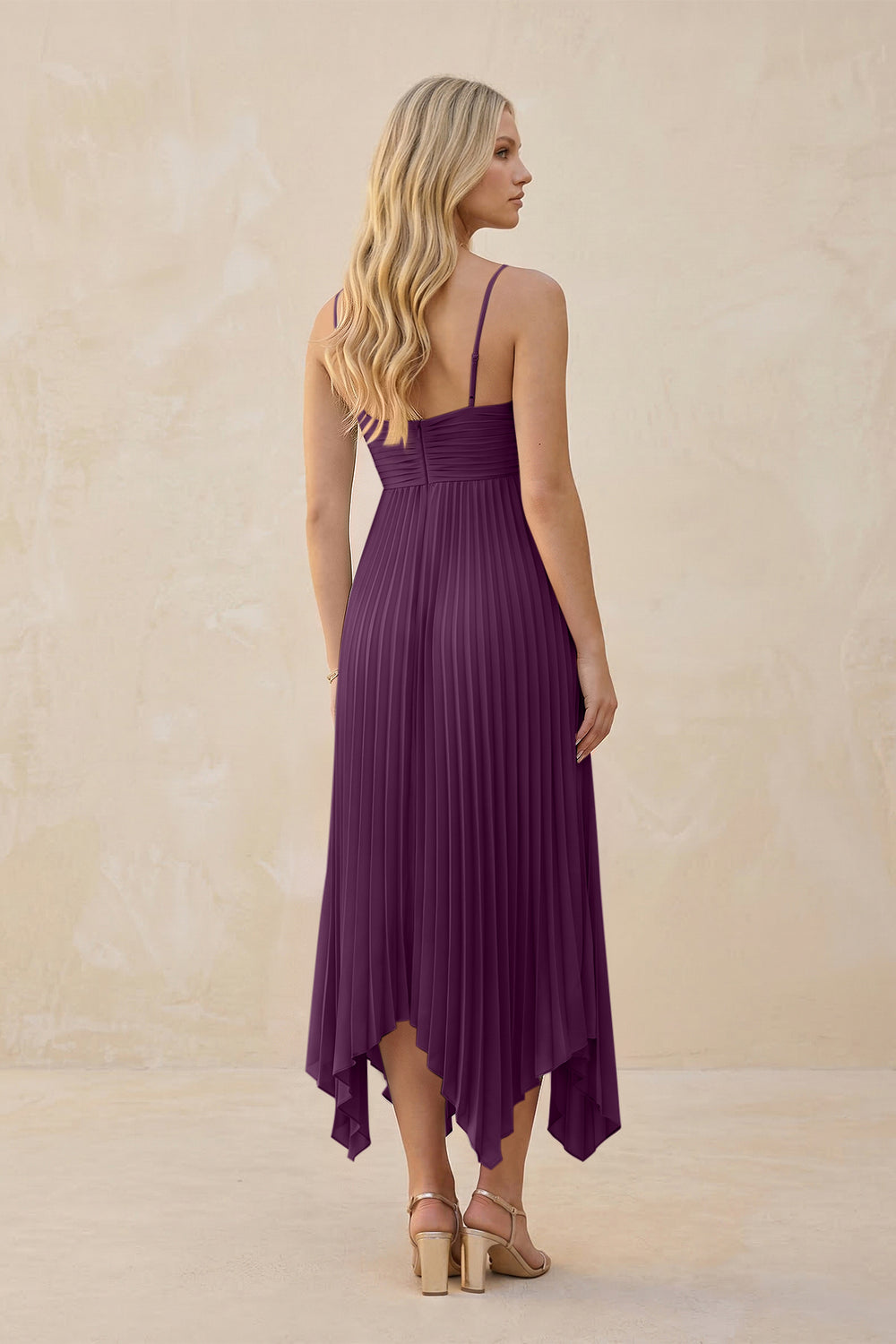 Spaghetti Strap Pleated A-Line Chiffon Midi Bridesmaid Dress in Fig