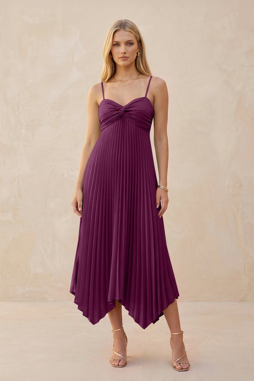 Spaghetti Strap Pleated A - Line Chiffon Midi Bridesmaid Dress in Fig - KISS BRIDAL Bridesmaid Dresses