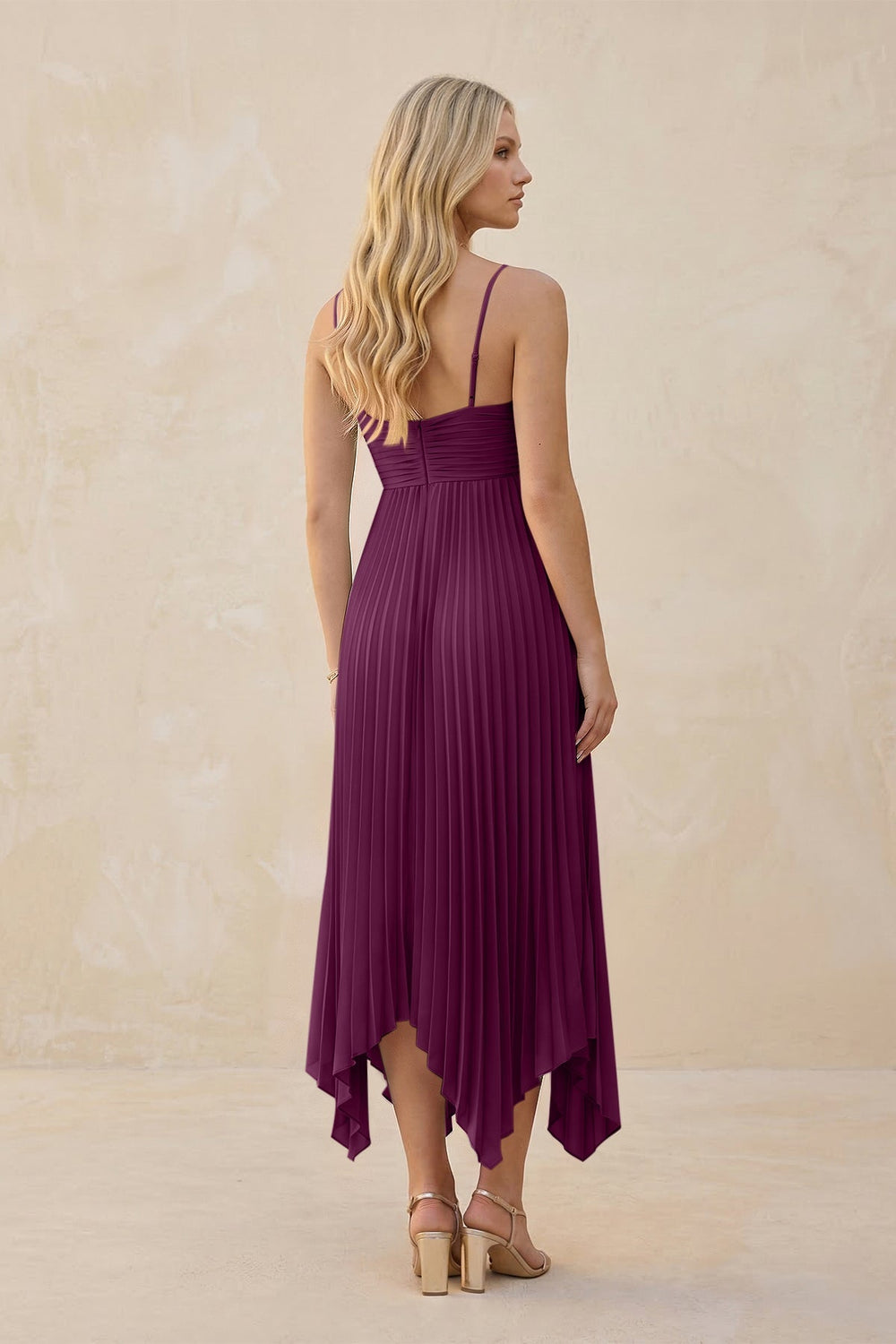 Spaghetti Strap Pleated A - Line Chiffon Midi Bridesmaid Dress in Fig - KISS BRIDAL Bridesmaid Dresses